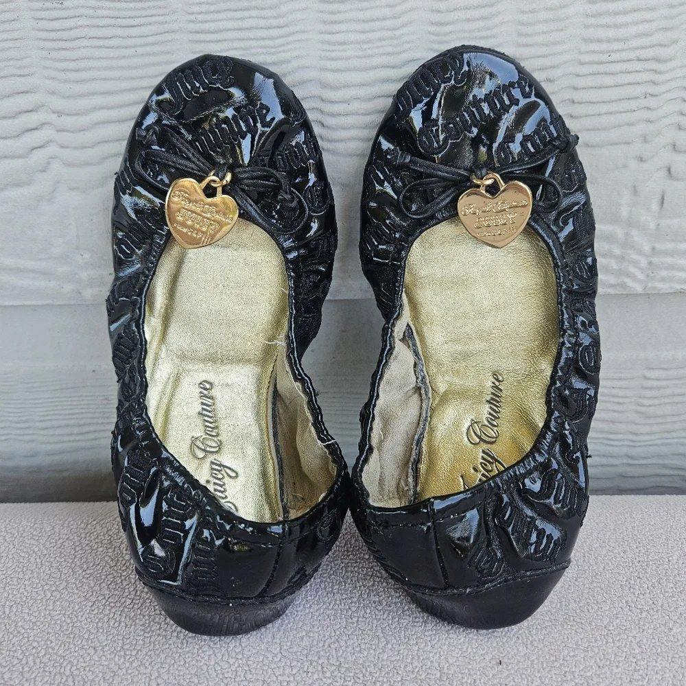 Juicy Couture Girl SZ 13 Black Logo Ballet Flat Dress Formal Shoe Slip-On Charm